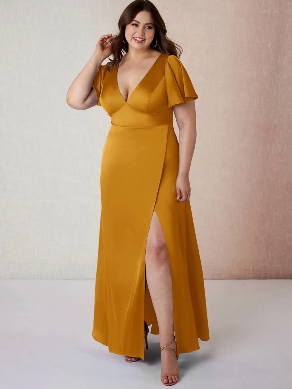 NWT Azazie Lani Stretch Satin Bridesmaid Dress Butterscotch Yellow Orange A14